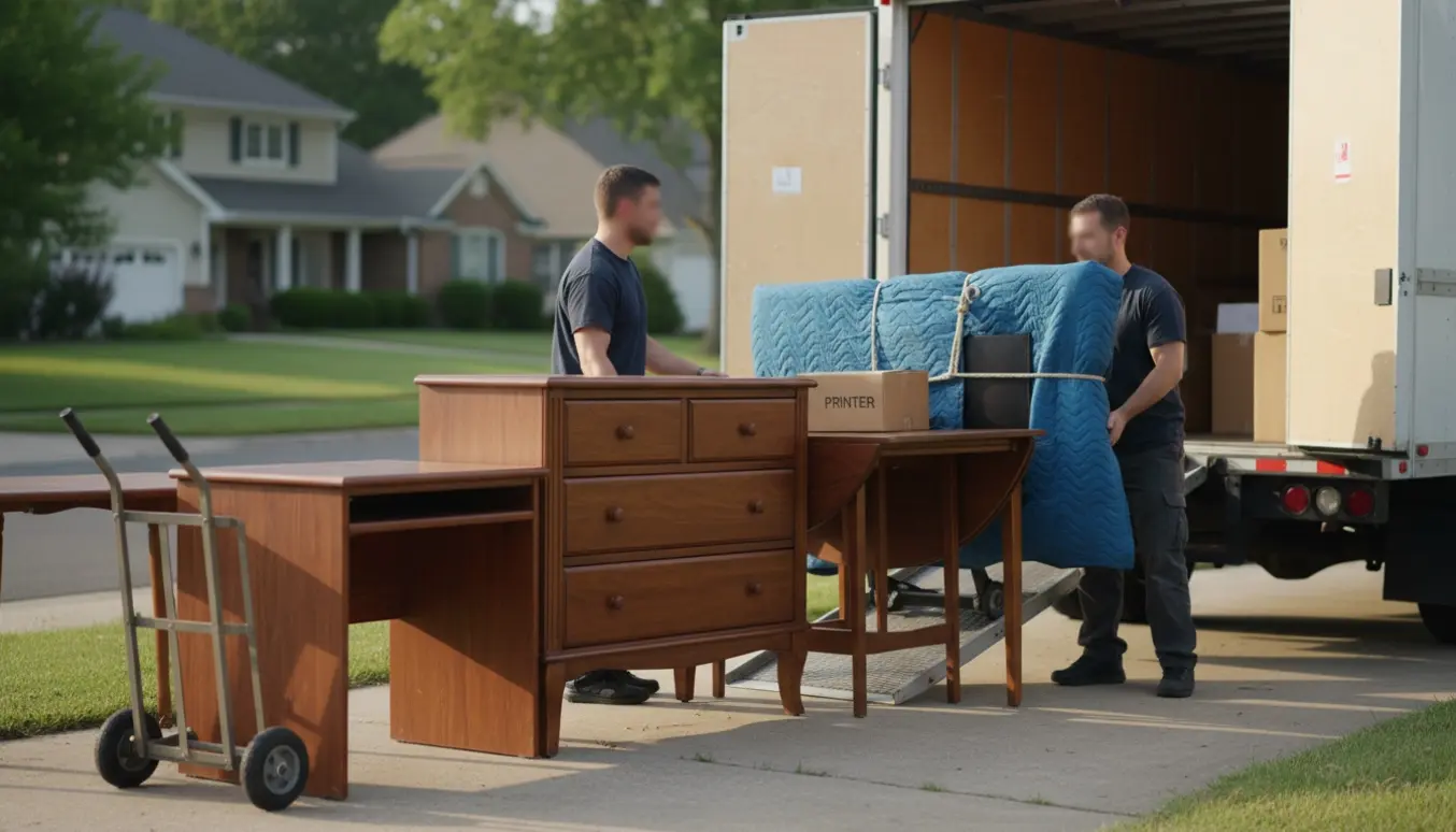To mænd læsser indpakket kommode, skrivebord, spisebord, printer og TV ind i en åben flyttevogn foran et parcelhus.