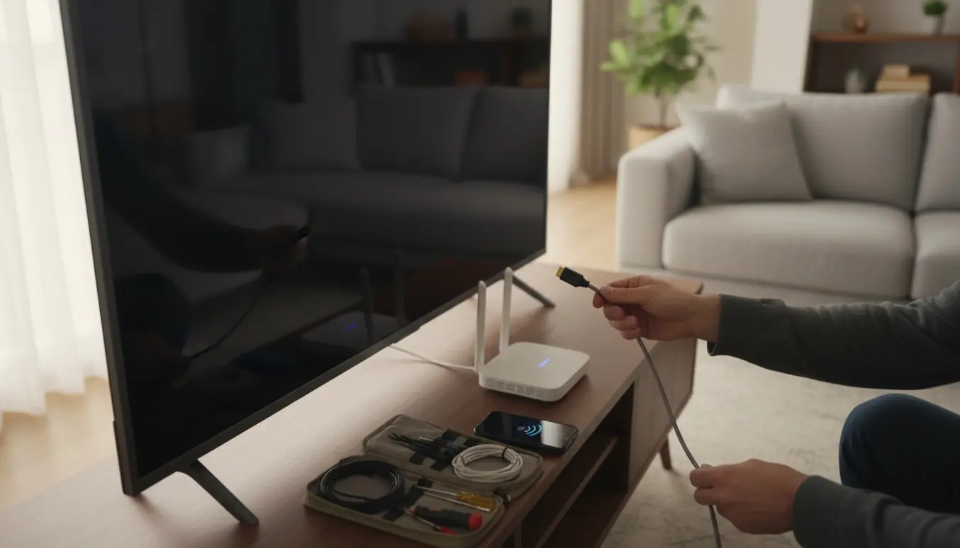 Hænder tilslutter HDMI-kabel til et vægmonteret tv med en trådløs router og værktøj i baggrunden.