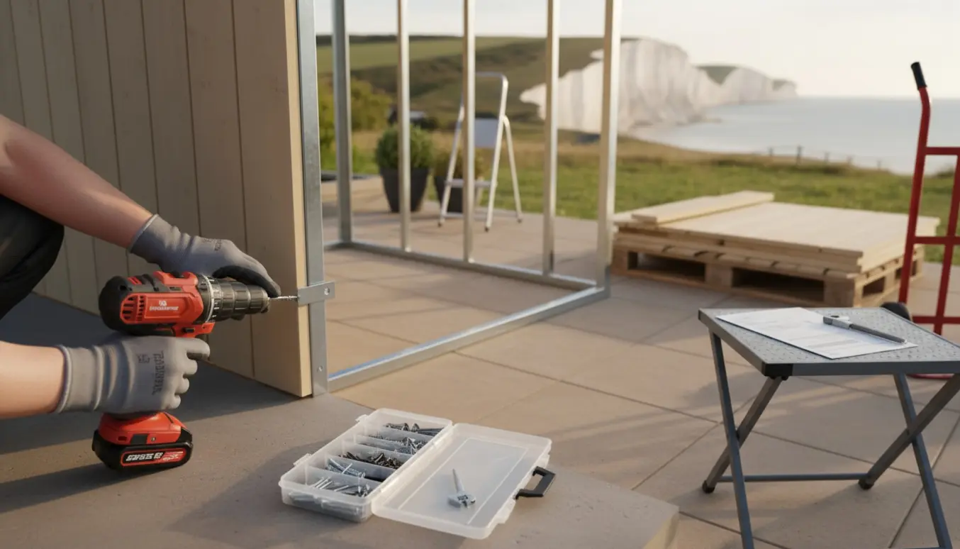 Delvist samlet 5 m² skur på fliser ved Stevns med værktøj og kystklint i baggrunden.