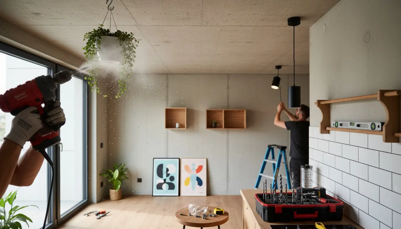 Håndværker monterer planter, lamper, plakater og bogkasser i en lejlighed med borehammer.