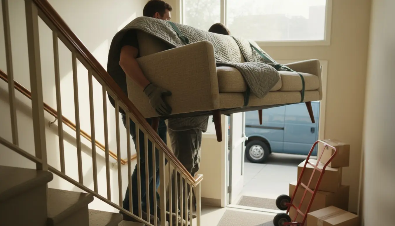 To personer bærer en sofa ned ad en trappe mod en åben flyttevogn med flyttetæpper og udstyr.