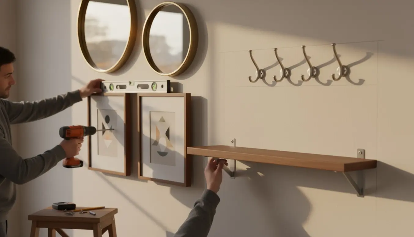 Nogen monterer to spejle, fire knager, to billeder og en reol på en væg med værktøj og måleværktøj.