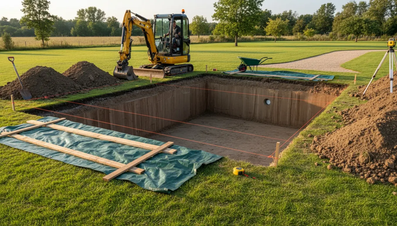 Rektangulært poolhul 1,5 m dybt i blød muldjord med mini-graver, opstablet jord og afmærkningssnor.