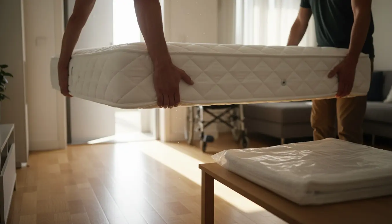 To personer bærer en springmadras (140x200) gennem en åben dør ind i en lejlighed, ansigter ikke synlige.