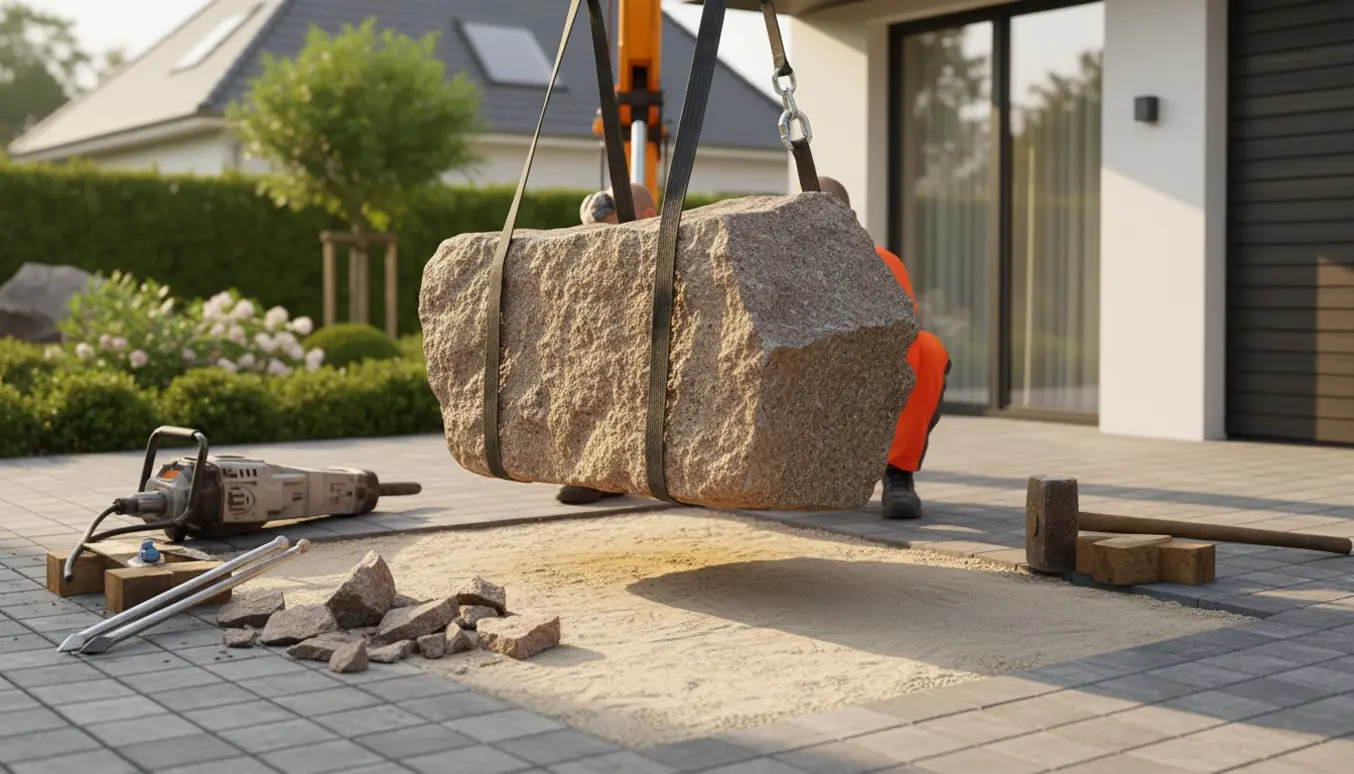 Stor granitsten ved ny belægning ved hus, kran og værktøj klar til fjernelse.