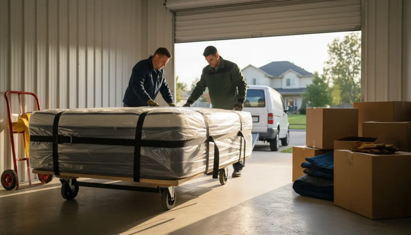 Plastikindpakket king-size-seng på dolly og stabler af flyttekasser foran en åben opbevaringsboks og en varevogn ved et hus.