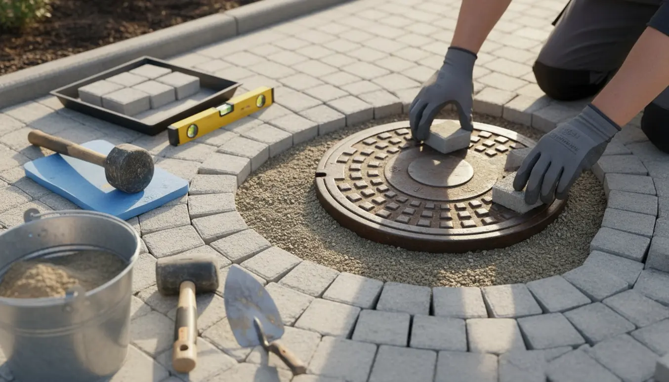 Nærbillede af små betonfliser, der lægges om et kloakdæksel med værktøj og sand, uden synlige ansigter.