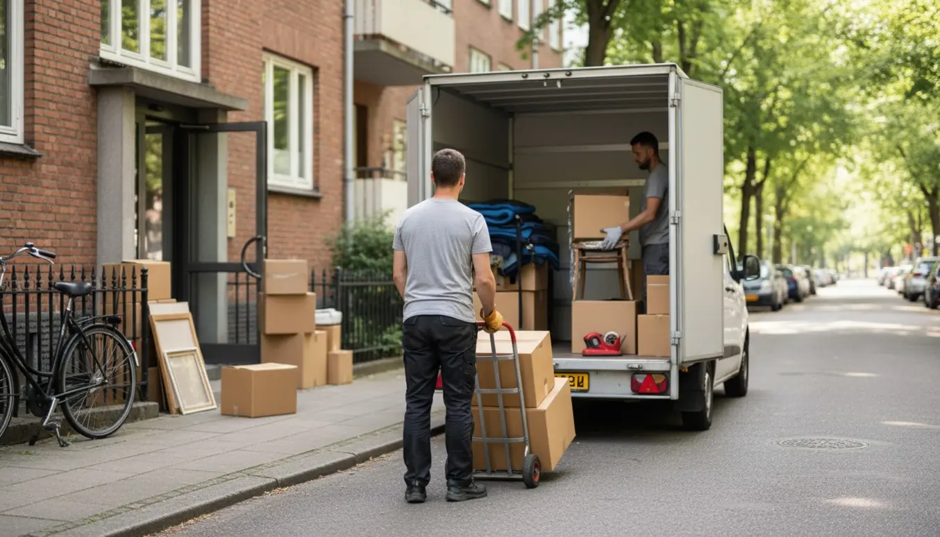 Håndtralle med flyttekasser læsses ind i åben trailer foran en lejlighedsopgang.