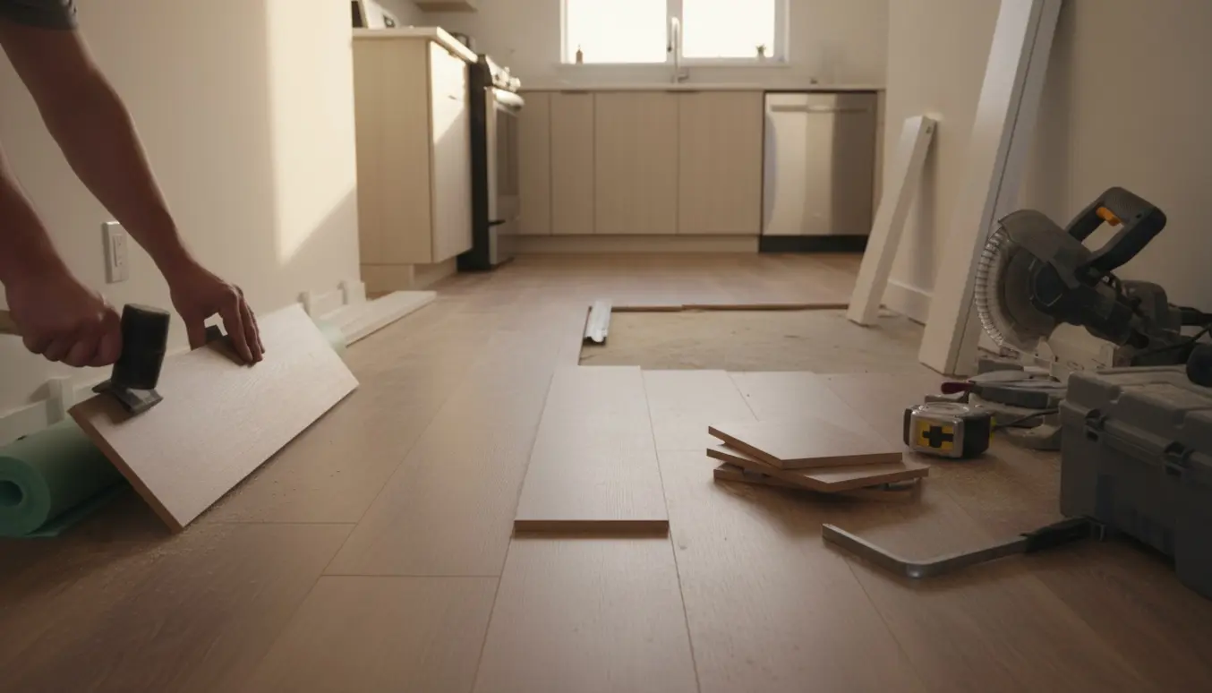 Foto af montering af klikgulv i gang og køkken med laminatplanker og værktøj synligt.