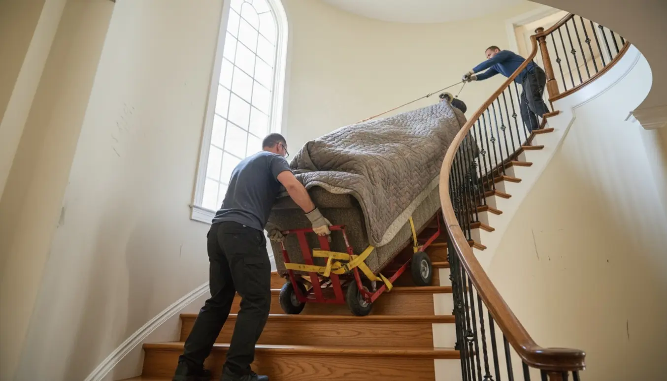 Stor, tung sofa bæres op ad en indendørs trappe af to personer med flyttetæpper og dolly, ansigter ikke synlige.
