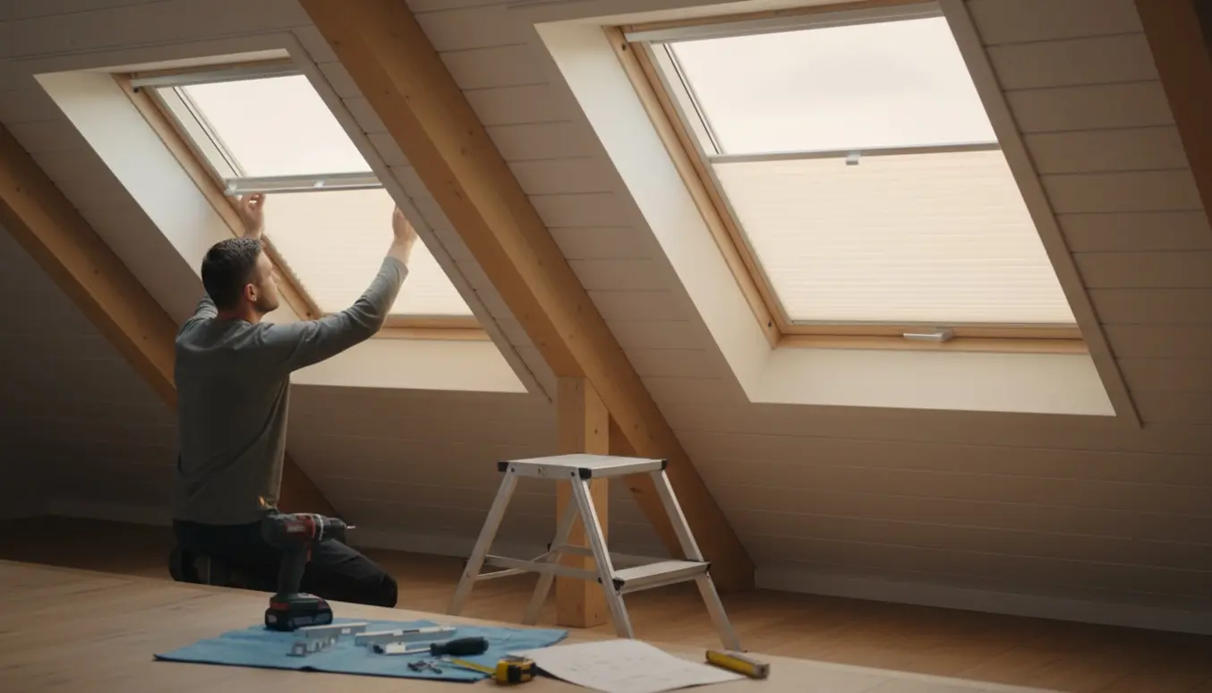 Montering af rullegardin på to Velux tagvinduer i et lyst loft med værktøj.