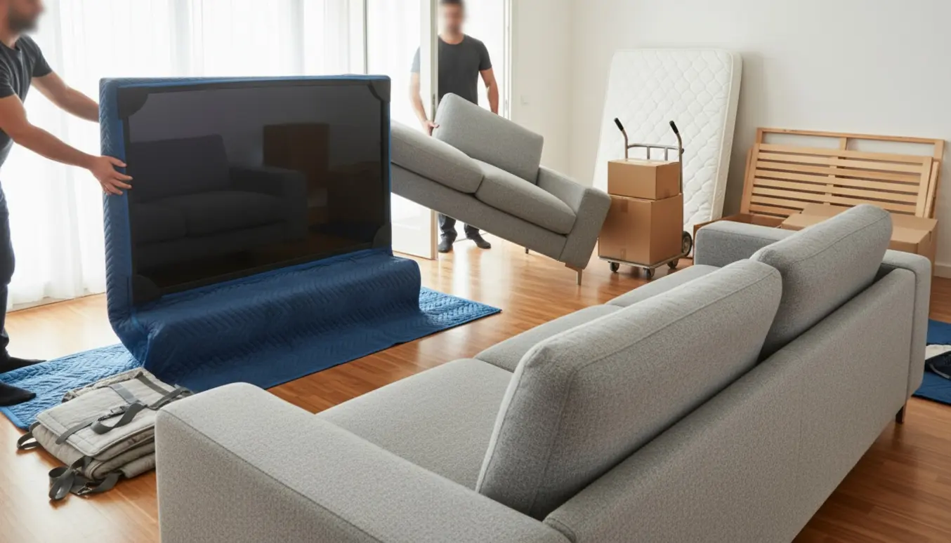 U-formet sofa i tre dele, en stor fladskærm, en 140 cm seng og to flyttekasser i en lys lejlighed under flytning.