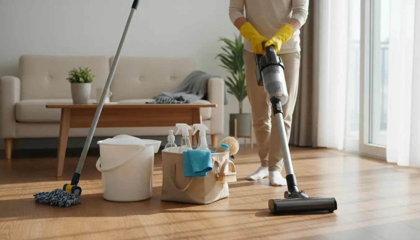 Nærbillede af hænder i gummihandsker, der støvsuger et lyst stuegulv med rengøringsspand og flasker i baggrunden.