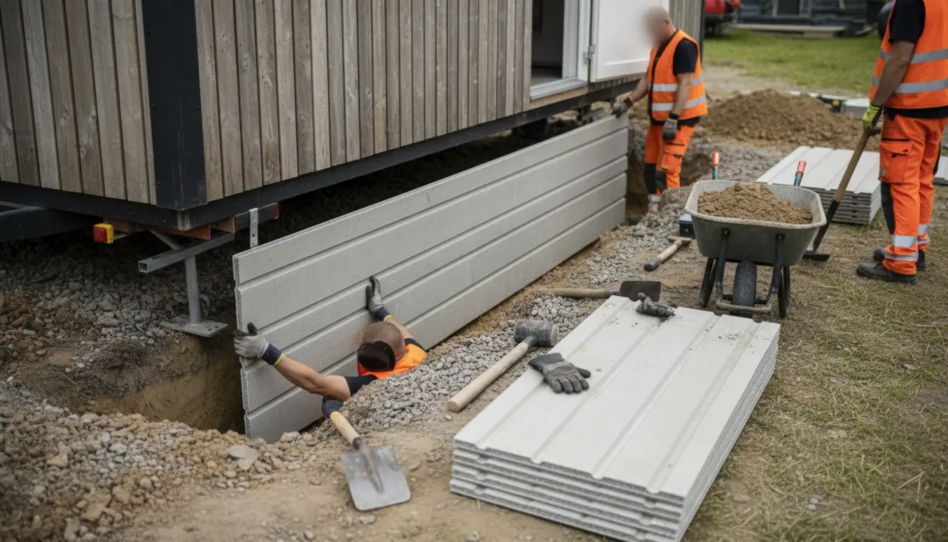 Udgravning omkring en skurvogn med 60 cm rende og montering af eternitplader til rottesikring.