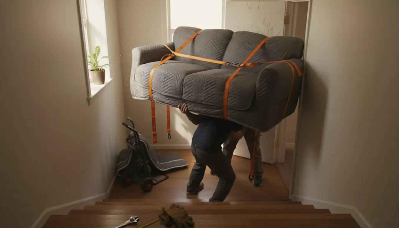 To personer bærer en indpakket sovesofa ned ad en trappe mellem lejligheder på anden sal.