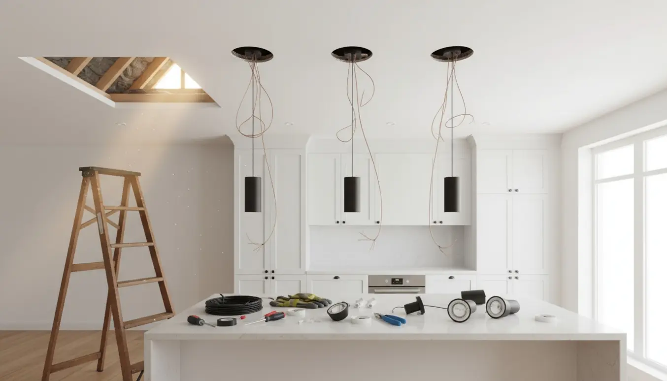 Nærbillede af montering af tre lamper i køkkenet med kabler, værktøj og åben loftlem, ingen ansigter.