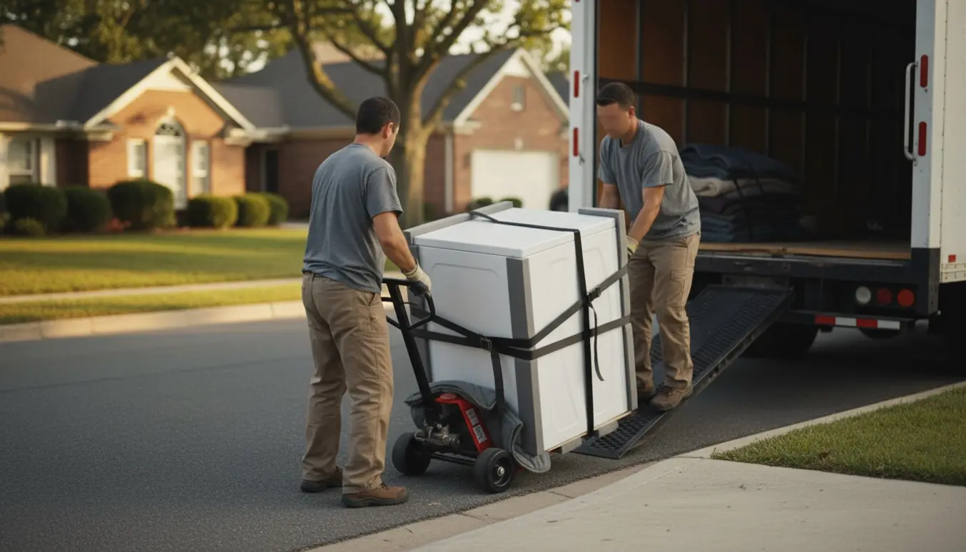 En tørretumbler på en flyttevogn føres op på kantstenen fra en åben varebil af to flyttemænd.