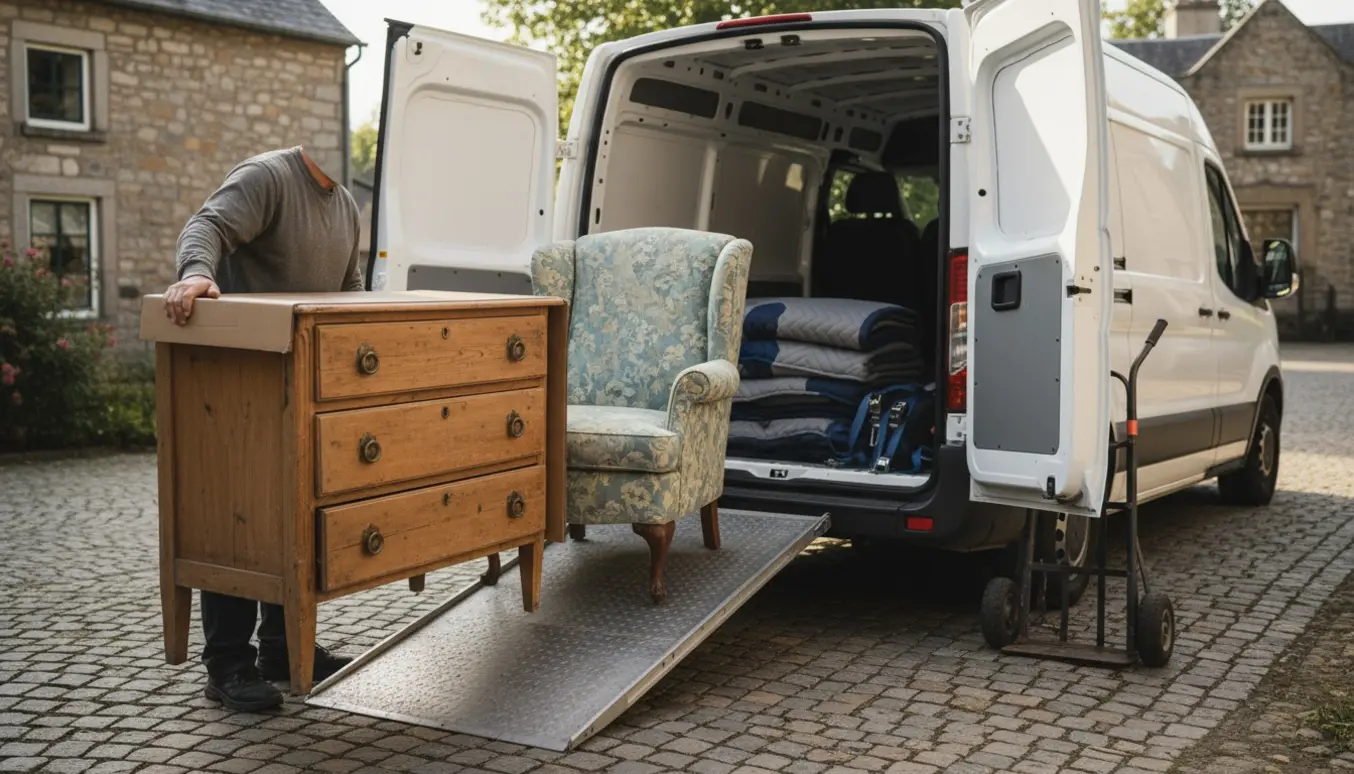 To gamle møbler bliver læsset ind i en hvid varevogn på en brostensindkørsel med flyttetæpper og sækkevogn.