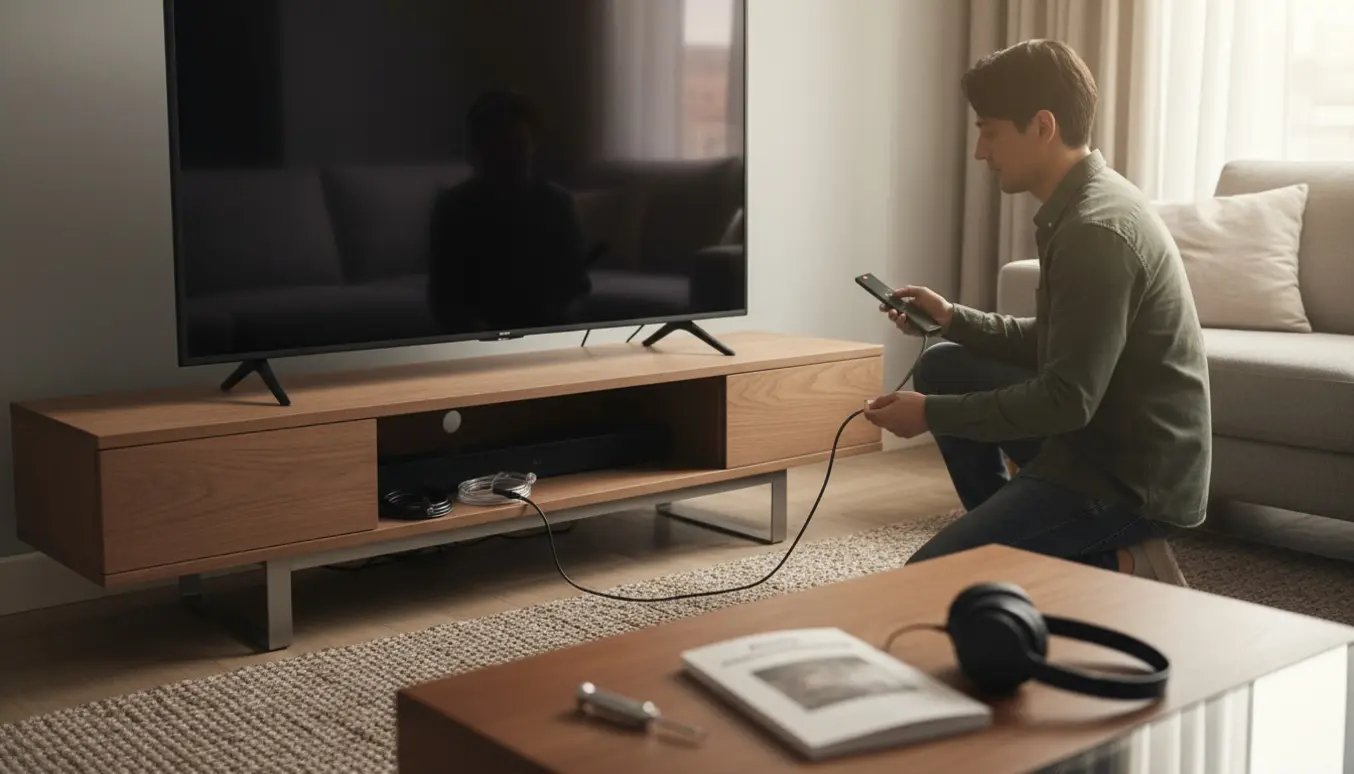 Hænder justerer kabler ved et fladt tv og en frakoblet soundbar i en stue.