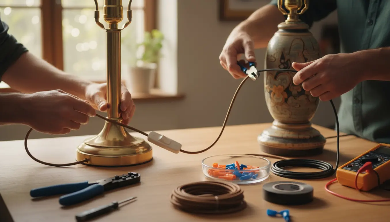 Hænder udskifter nye ledninger med tænd/sluk-knapper på to bordlamper på et træbord i blødt naturligt lys.