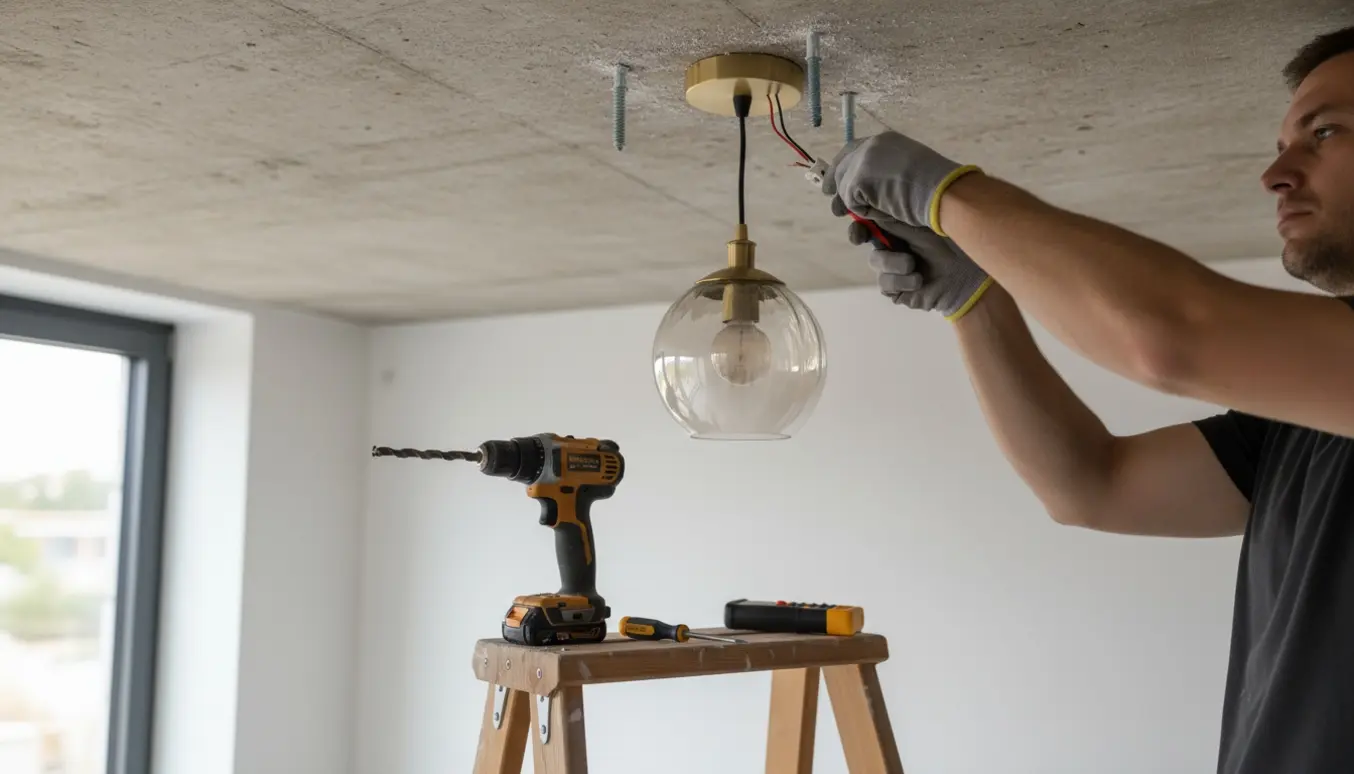 Hænder monterer en loftlampe i et betonloft med værktøj og en stige i baggrunden.