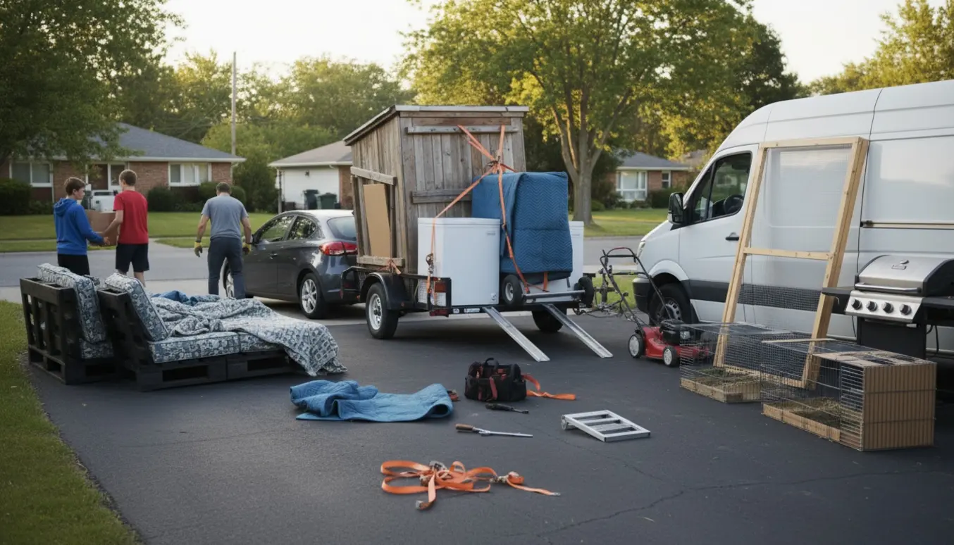 Flyttescene på indkørsel med trailer, pallemøbler, to frysere, et lille shelter og adskilte kaninindhegninger.