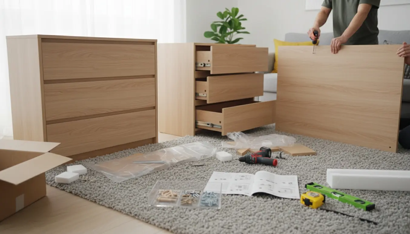 To skandinaviske kommoder i færd med at blive samlet i et lyst rum med værktøj og skruer klar.