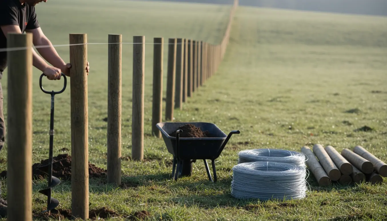 Kuperet grund med dyrehegn under opsætning, rækker af stolper og arbejdshænder ved postdriver og værktøj.