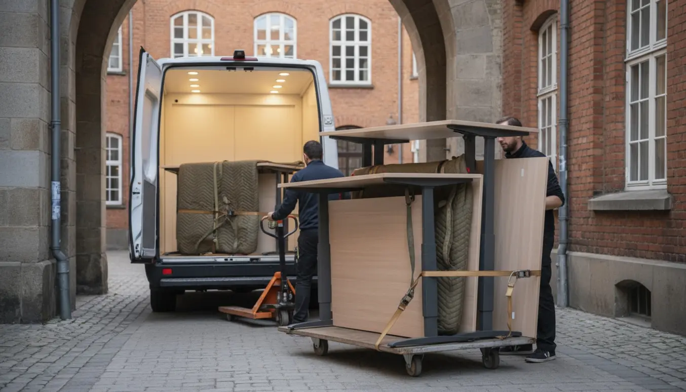 Lastning af flere højdejusterbare skriveborde i en varevogn ved en ejendom i Valby.