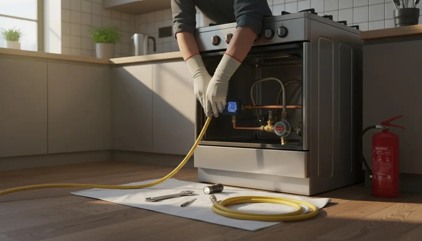 Afmontering af et gaskomfur i et lejlighedskøkken med afkoblet gas slange og værktøj på et beskyttelseslag.