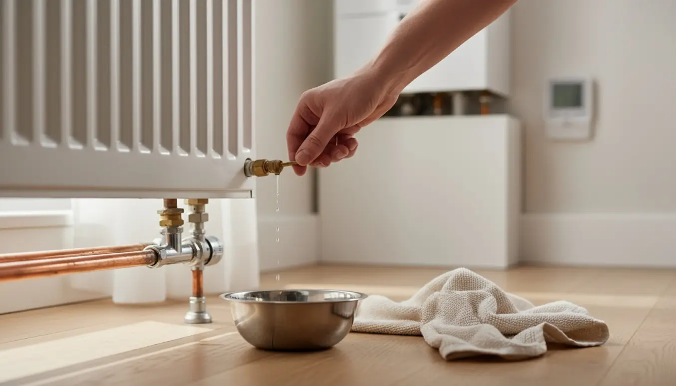 Hænder bruger en nøgle til at lufte en kold radiator, og vand drypper i en skål.