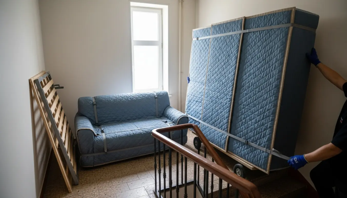 Indpakkede sofa, sengestel og garderobestel bæres ned ad en opgang med beskyttelsestæpper og trappetrille.