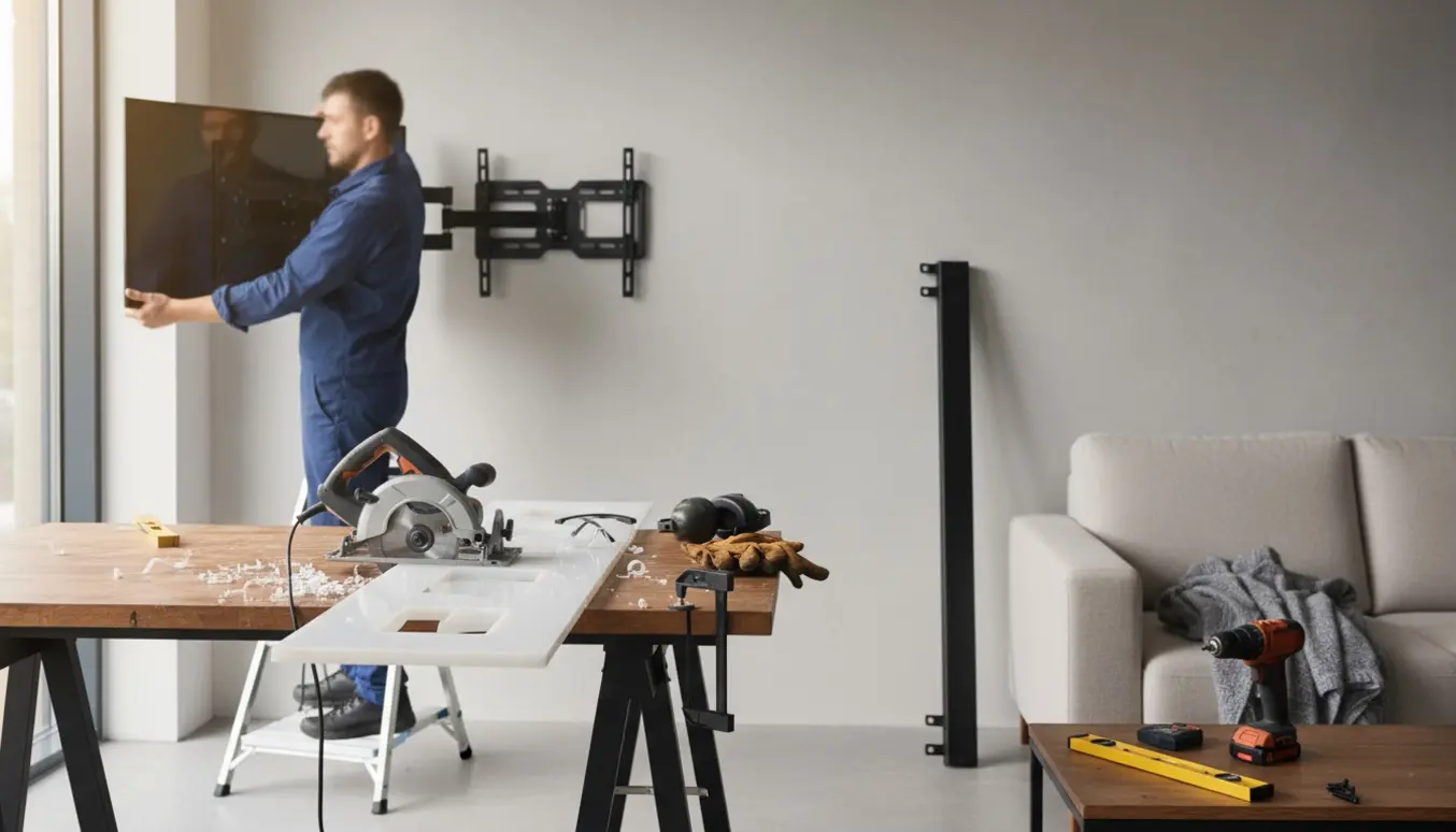 Hænder monterer et TV-vægbeslag, mens et tykt blødt plastskilt bliver skåret til på et arbejdsbord og en gardinstang ligger klar.