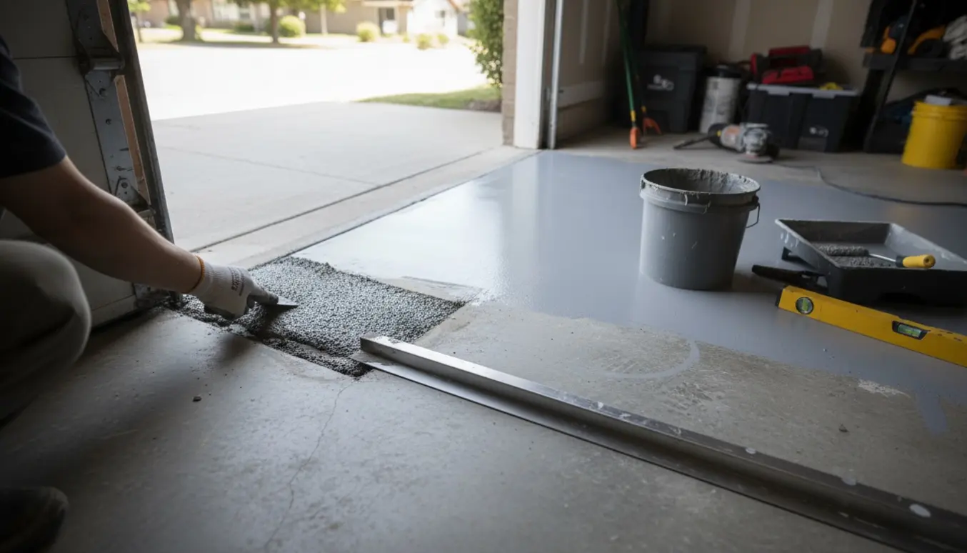Nærbillede af udbedring af skævt betongulv ved garageport med selvnivellerende spartel og nylig grå maling.