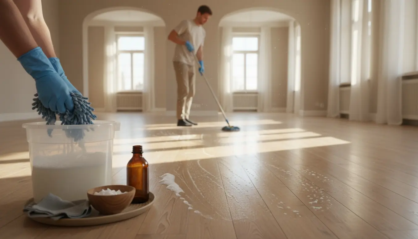 Tom solfyldt lejlighed hvor hænder vasker brede trægulve med moppe, spand og sæbespåner.