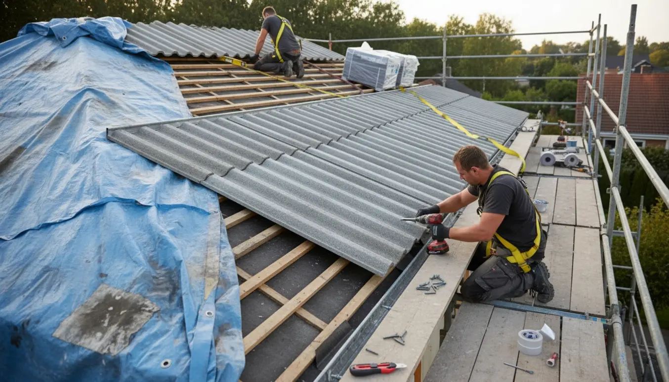 Delvist færdigt eternittag dækket med presenning, afsluttende arbejde ved stillads med værktøj og materialer.