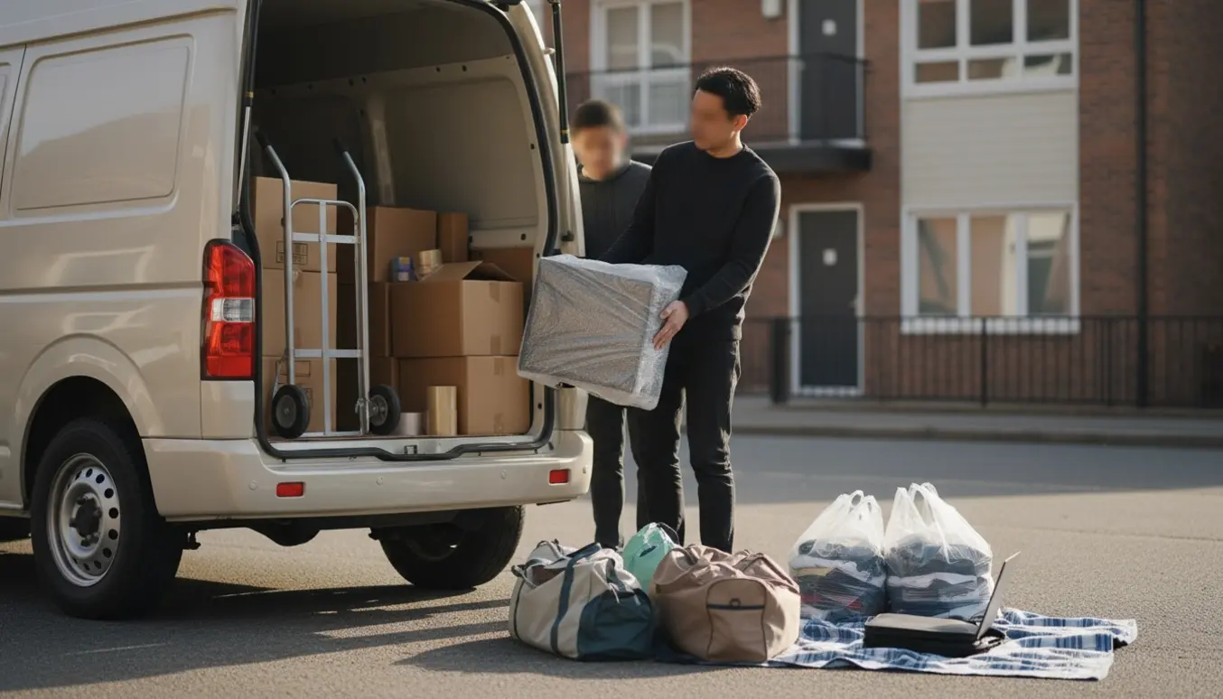 To personer læsser en stationær computer, små flyttekasser og tøjposer i en varebil i blødt sollys.