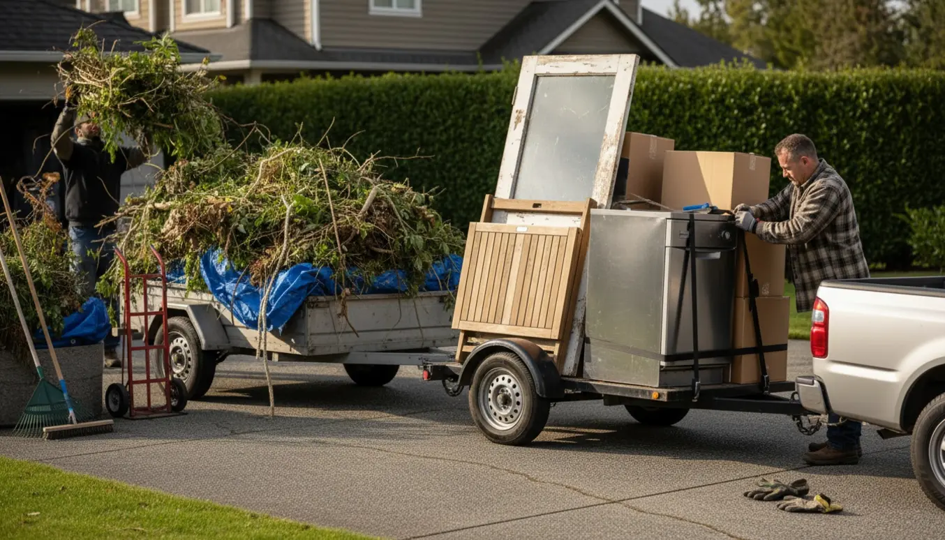To trailere på indkørsel lastet med husholdningsaffald og haveaffald, arbejdshænder spænder stropper.