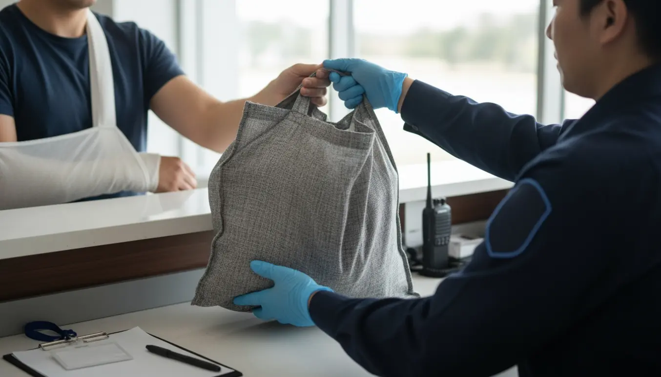 En tung indkøbspose afleveres over disken i en politireception, kun hænder og posen er tydelige.