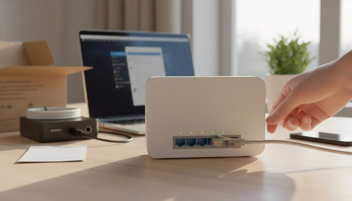 Hænder tilslutter et ethernetkabel til en ny router på et skrivebord.
