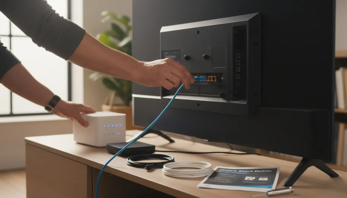 Hænder forbinder et Ethernet-kabel fra et modem til et tv i en lys stue.