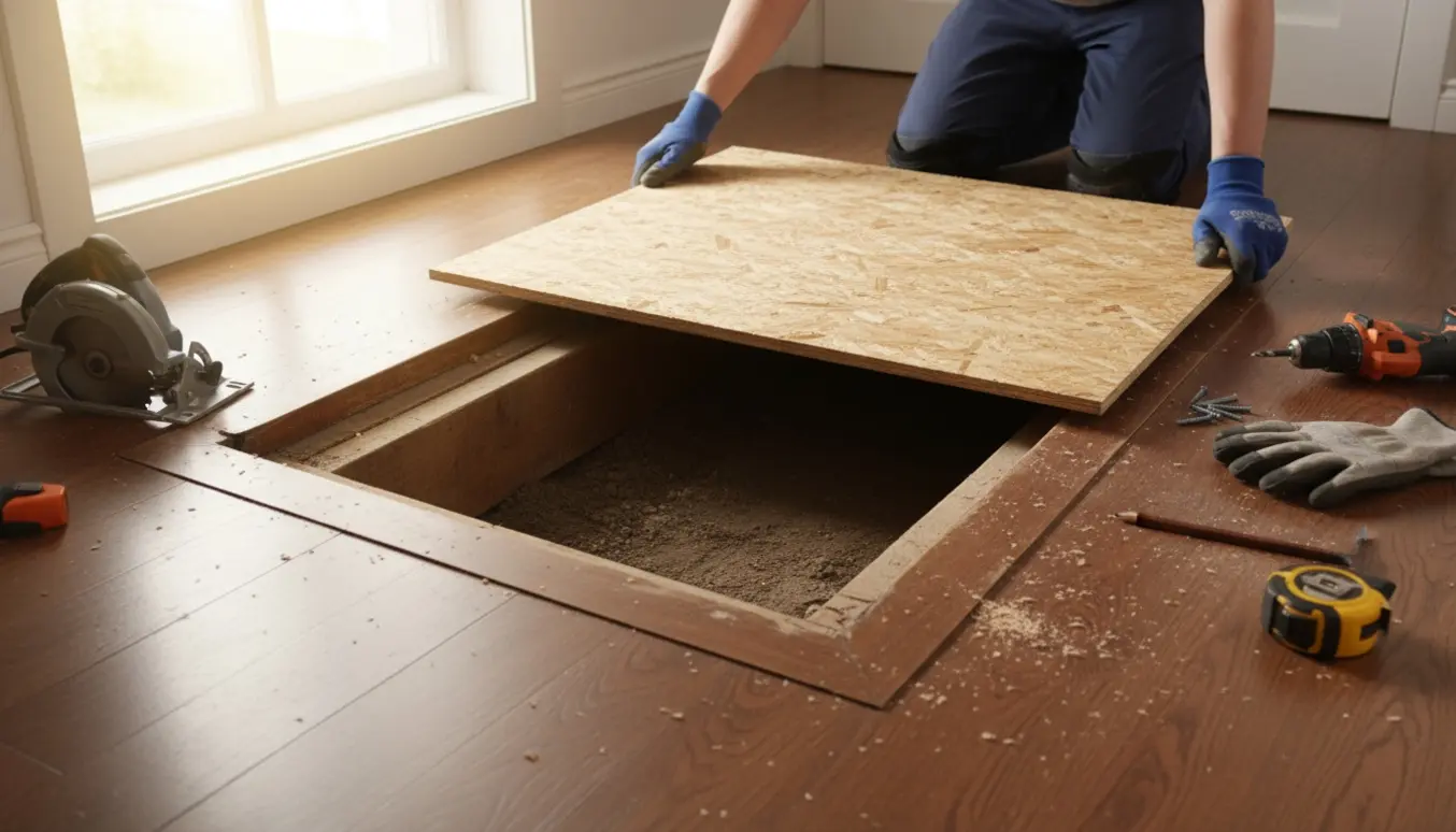 Entre med åben krybekælder, hvor nyt spånplade lægges på plads, omgivet af værktøj.