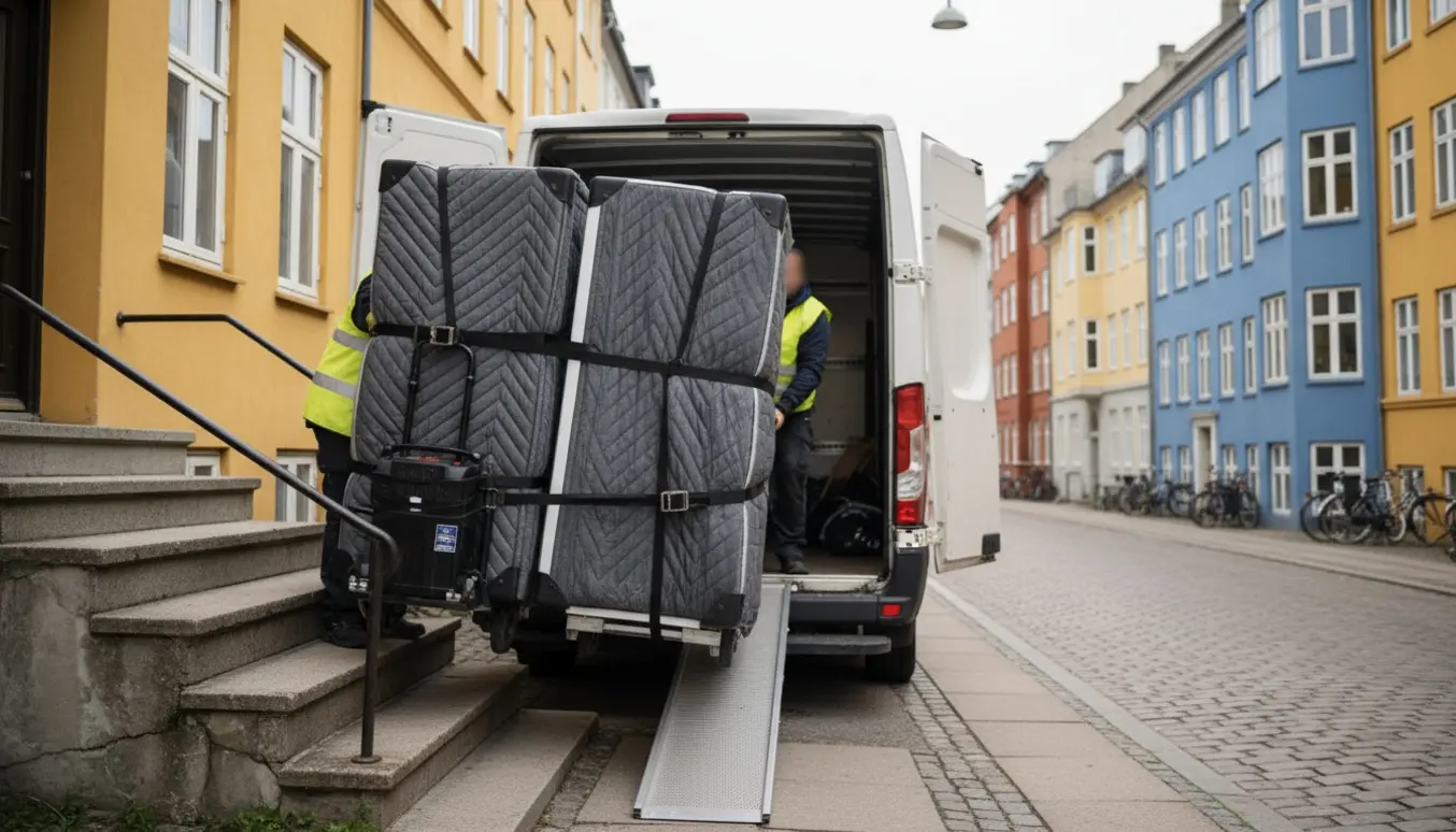 To køleskab/fryser løftes med motoriseret sækkevogn i en opgang og lastes i en flyttebil.