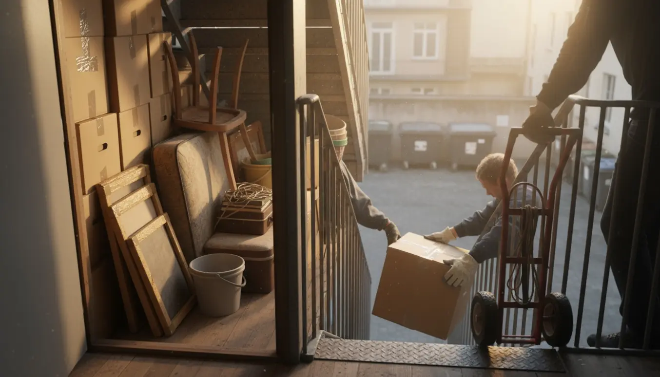 Åbent loftrum på femte sal med kasser og møbler, hvor arbejdshandsker afleverer en kasse ned ad en stejl bagtrappe.