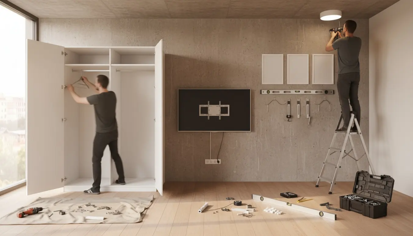 Halvfærdigt klædeskab, vægmonteret tv og en person på stige, der monterer en loftlampe mod en betonvæg.