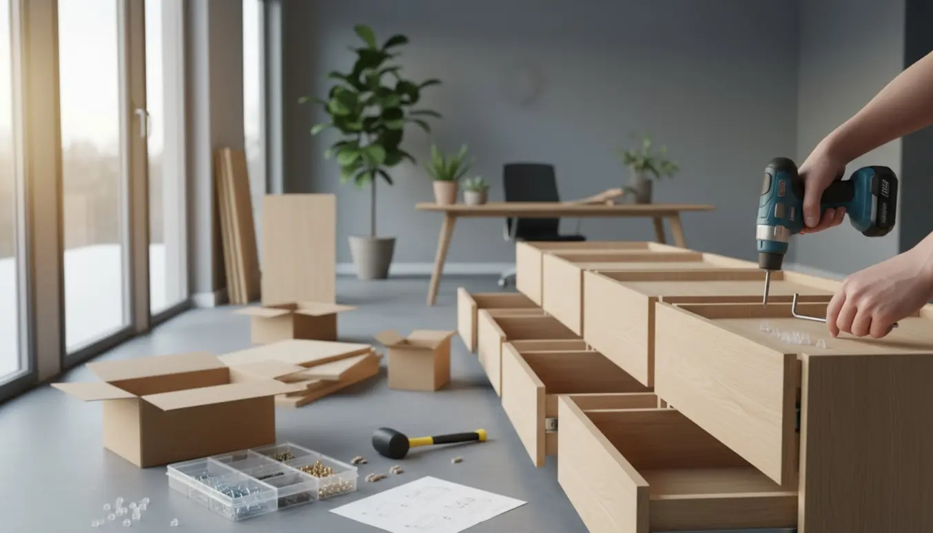 Nærbillede af hænder, der samler skuffemoduler i et lyst kontor med fladpakkede dele og værktøj.