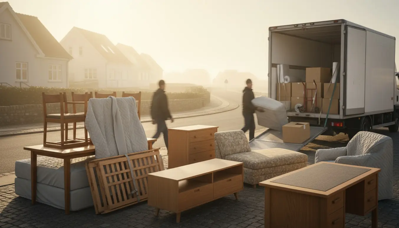 Flyttefolk læsser møbler og indbo ind i en åben flyttebil på en stille dansk kystgade.