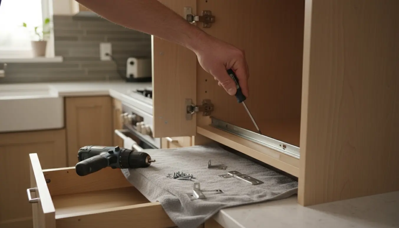 Hænder reparerer en løs udtræksskinne i et åbent højskab i et lyst køkken.