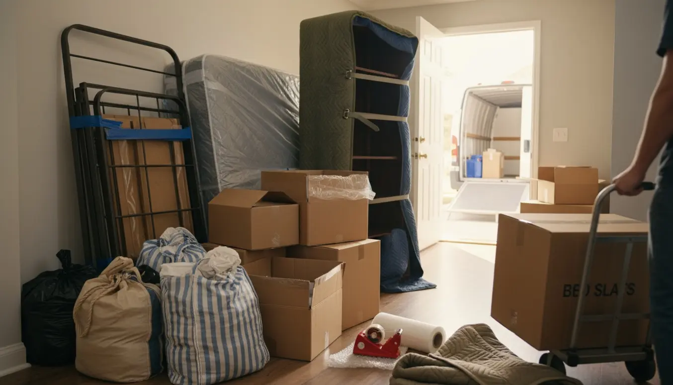 To senge, en reol, ni flyttekasser og fem–seks sække ved en åben flyttevogn i naturligt dagslys.