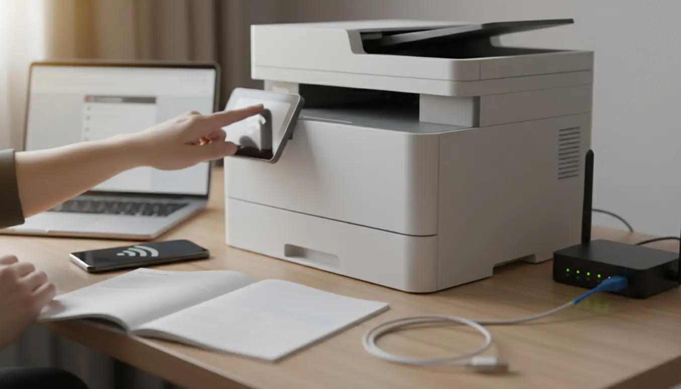 En hånd betjener en trådløs alt-i-én-printer på et skrivebord med laptop og router ved siden af.